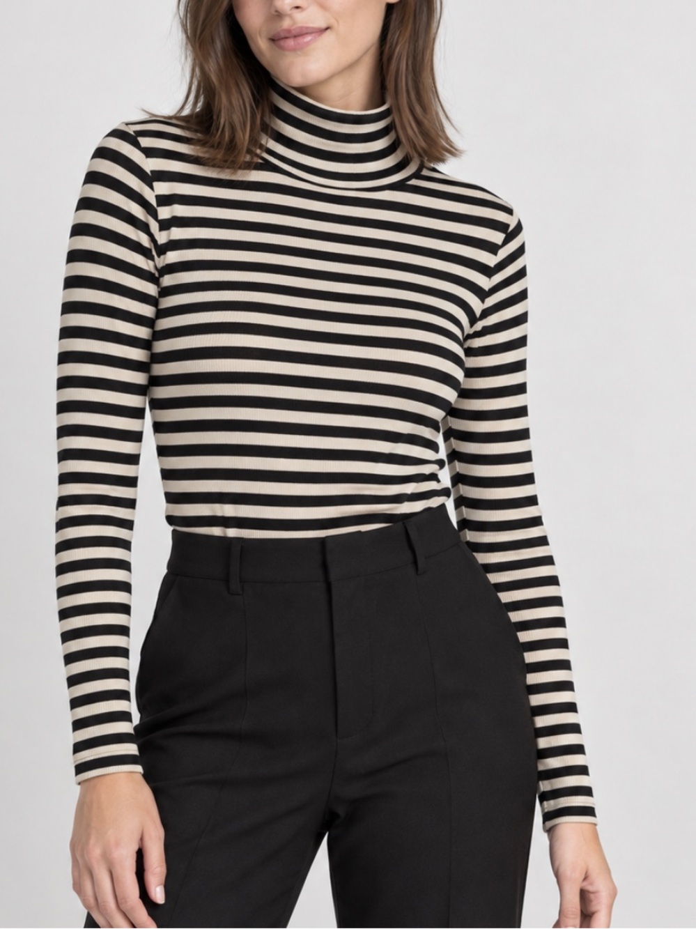 H&M Mock Neck Stripe Long Sleeve Top in Black and Beige